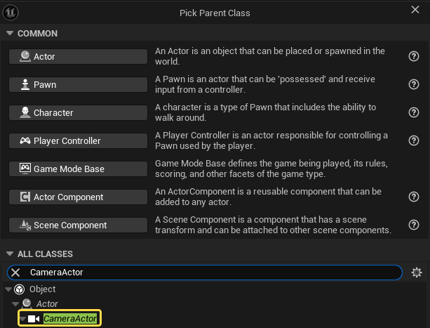 В окне Pick Parent Class создадим Актор класса Camera Actor В окне Pick Parent Class создадим Актор класса Camera Actor
