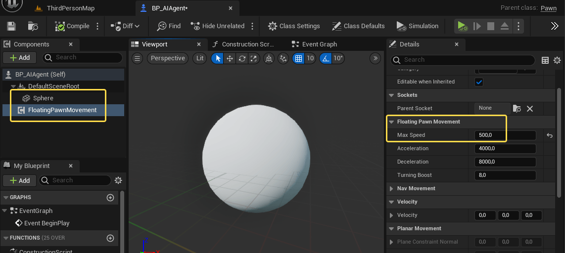Создадим Blueprint класса Pawn. Добавим компоненты Sphere и Floating Pawn Movement Создадим Blueprint класса Pawn. Добавим компоненты Sphere и Floating Pawn Movement