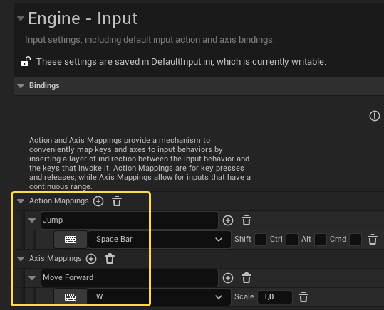 Создание сопоставлений Action Mappings и Axis Mappings для Player Input в настройках проекта Создание сопоставлений Action Mappings и Axis Mappings для Player Input в настройках проекта