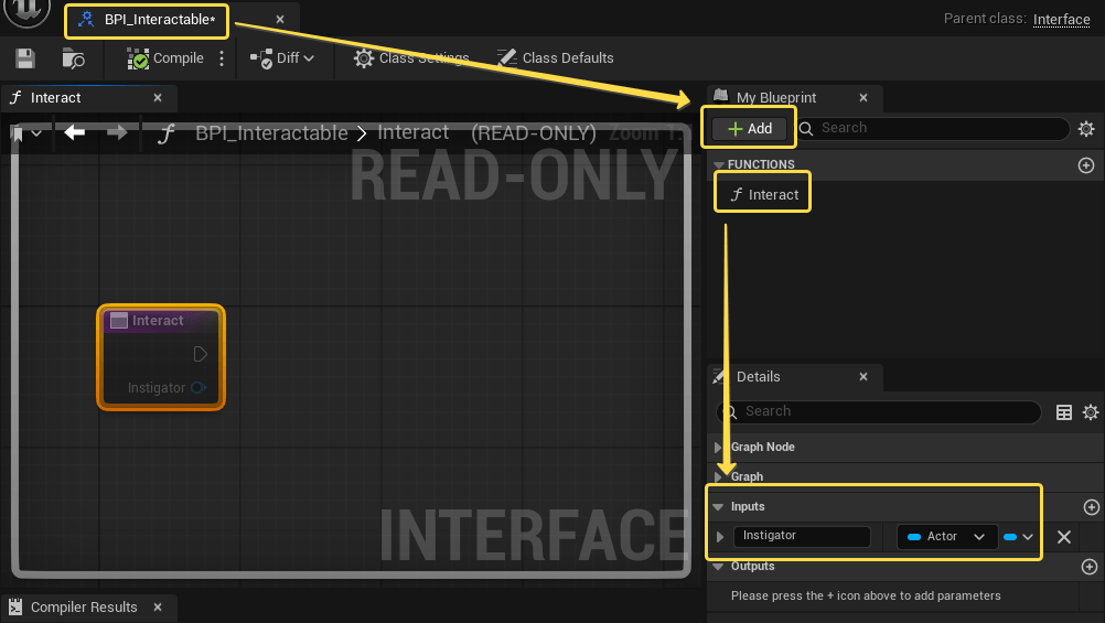 Добавление функции Interact в упрощённом редакторе Blueprint Interface Добавление функции Interact в упрощённом редакторе Blueprint Interface
