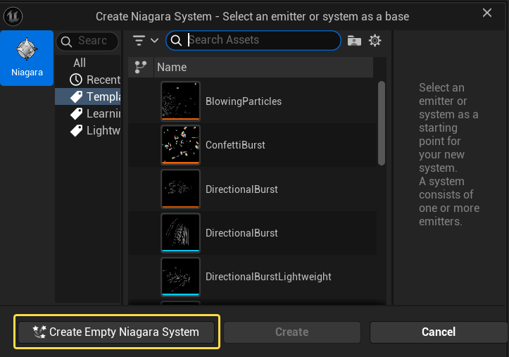 Create Empty Niagara System Create Empty Niagara System